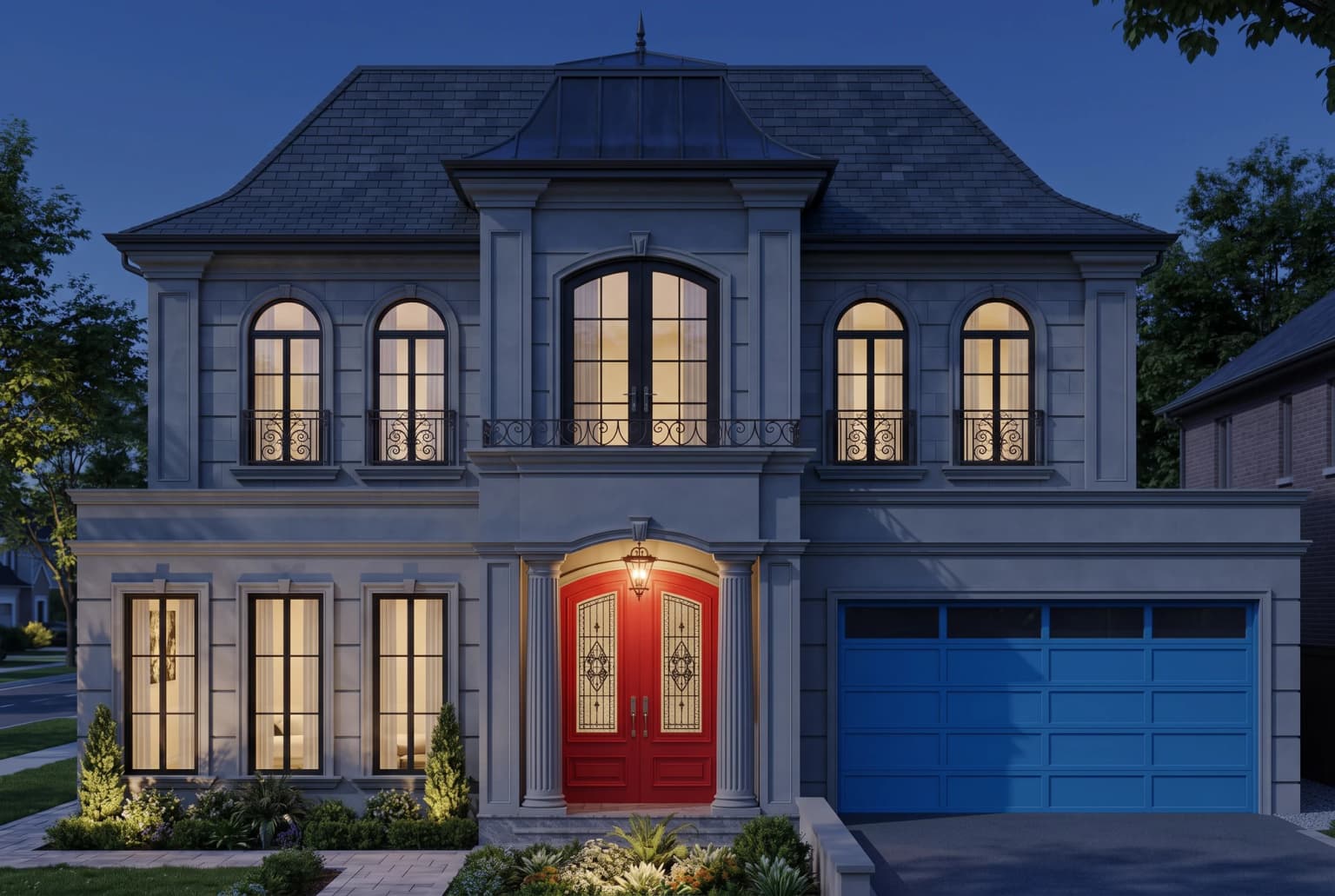 French Provincial residence with edited front and garage doors