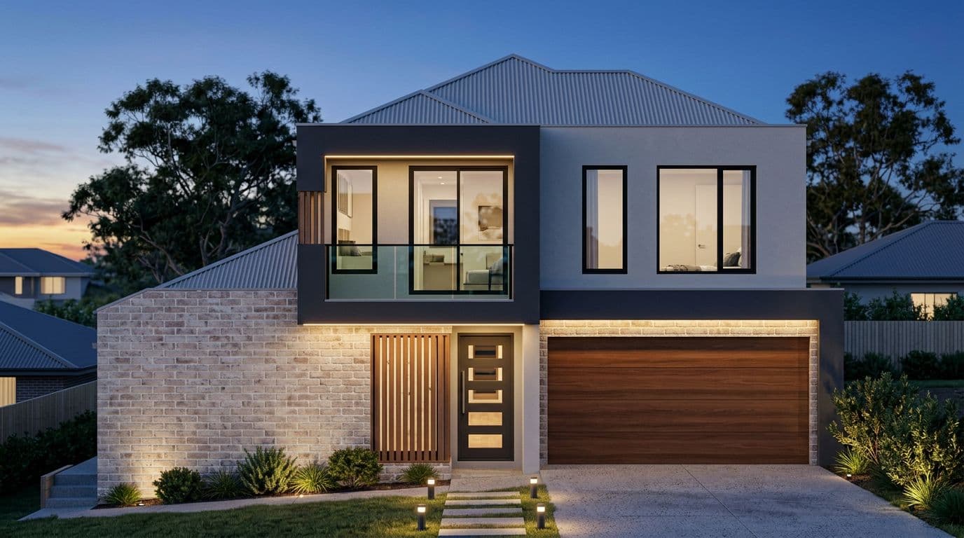 Contemporary two-storey house rendered at dusk