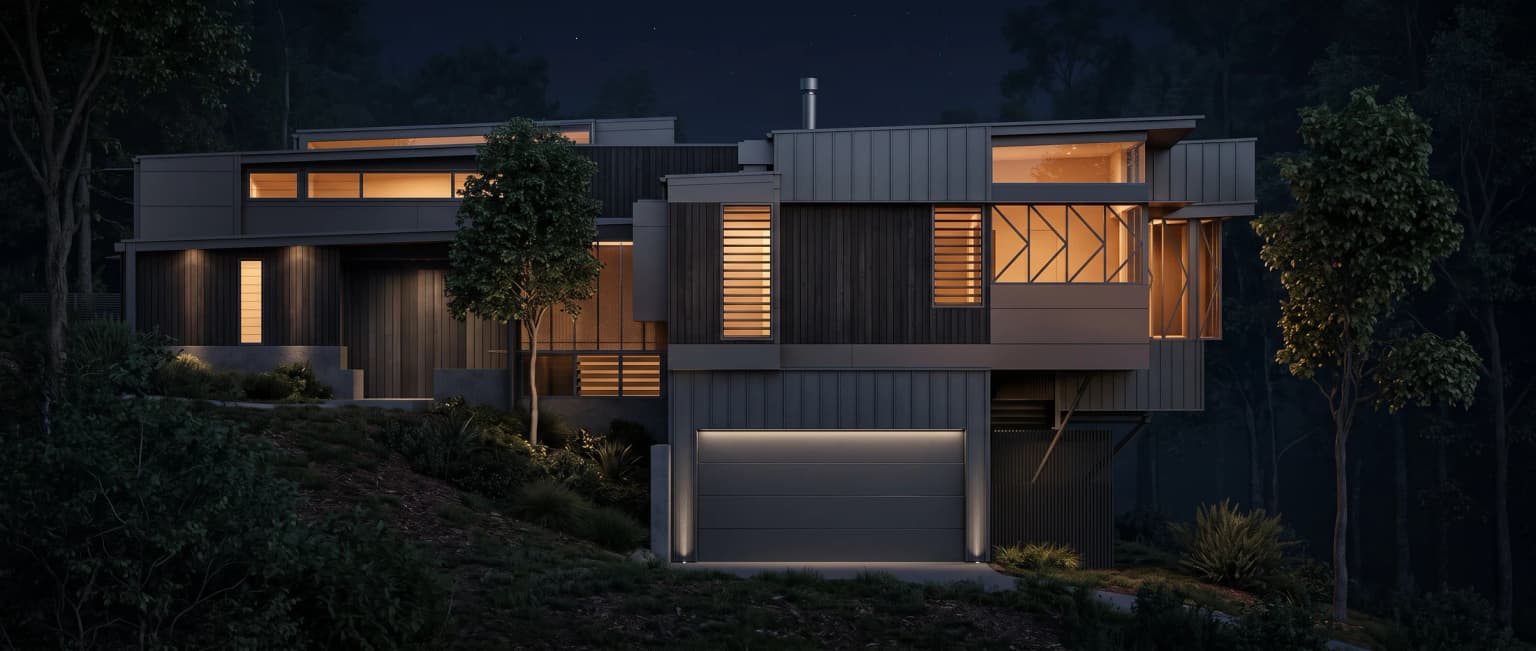 Modern home rendered at night in a forest setting