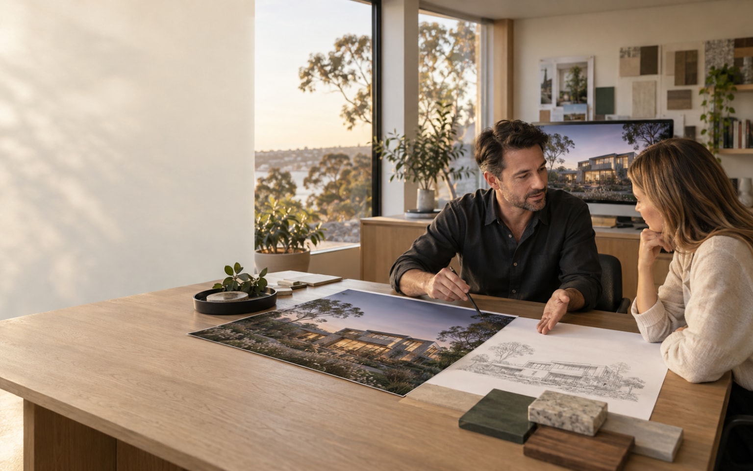 Architect presenting a residential elevation and matching visualisation to a client in a warm studio