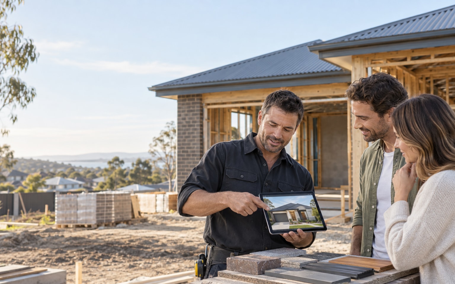Residential builder showing homeowners a finished facade visualisation on a tablet at their construction site