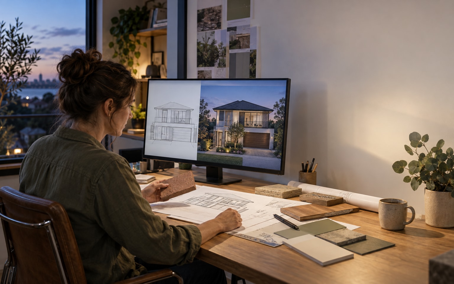 Building designer comparing a residential elevation with a matching dusk render and material samples