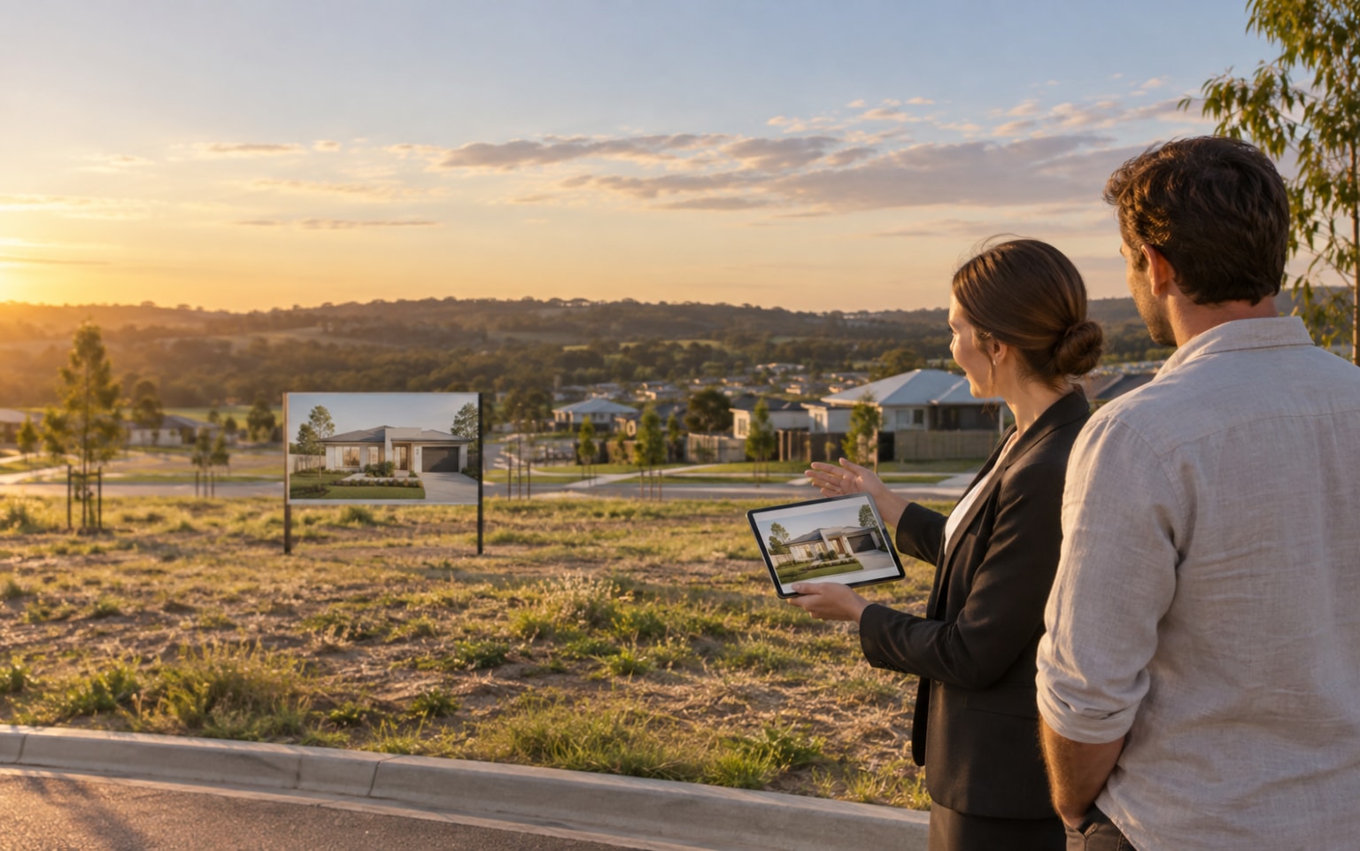 Real estate agent showing a buyer a future-home visualisation beside a vacant residential block at golden hour
