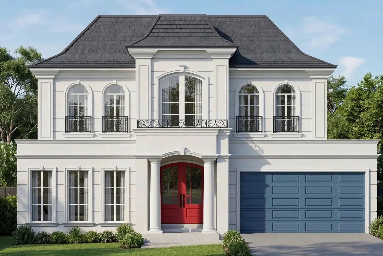 Render refined with annotations — a recoloured front door and garage