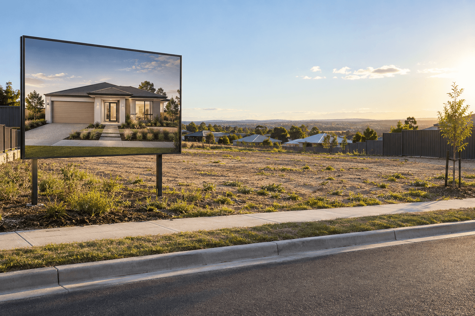 Property signboard showing a proposed home beside vacant residential land