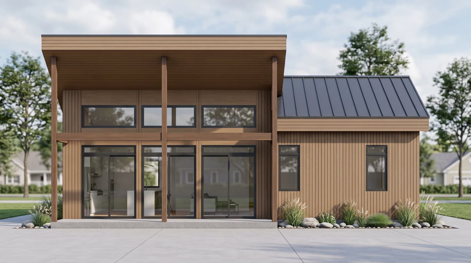 Contemporary house rendered in a bright suburban setting