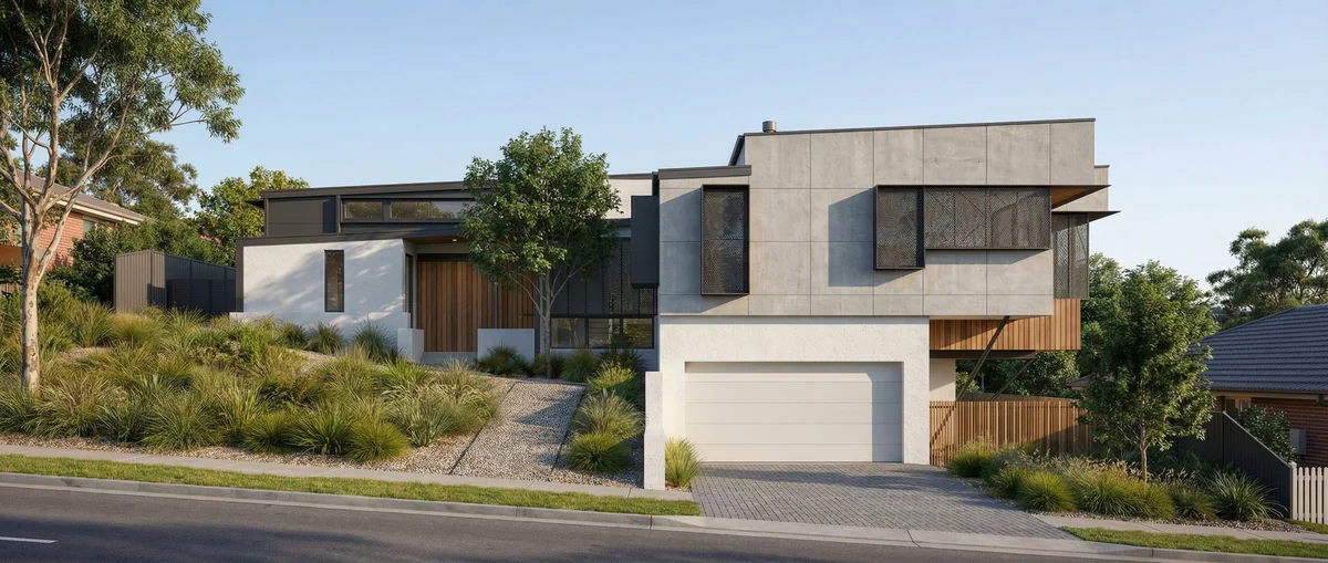 Modern residence rendered in daylight on a landscaped suburban site