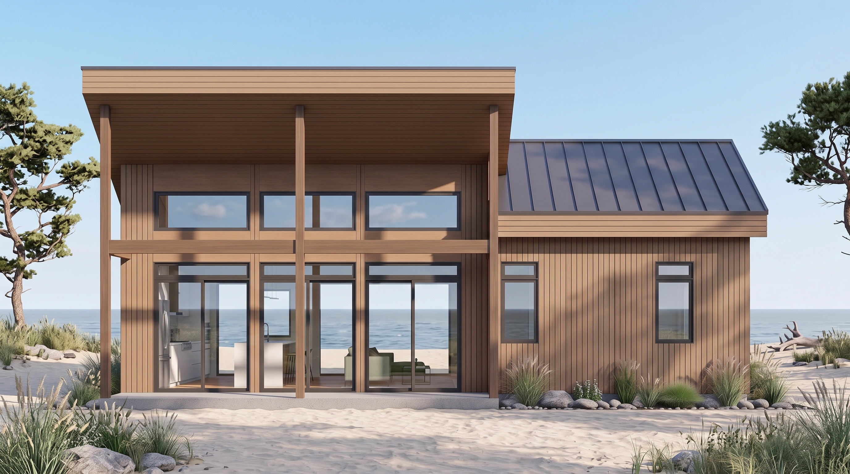Modern Coastal home rendered in daylight beside the beach
