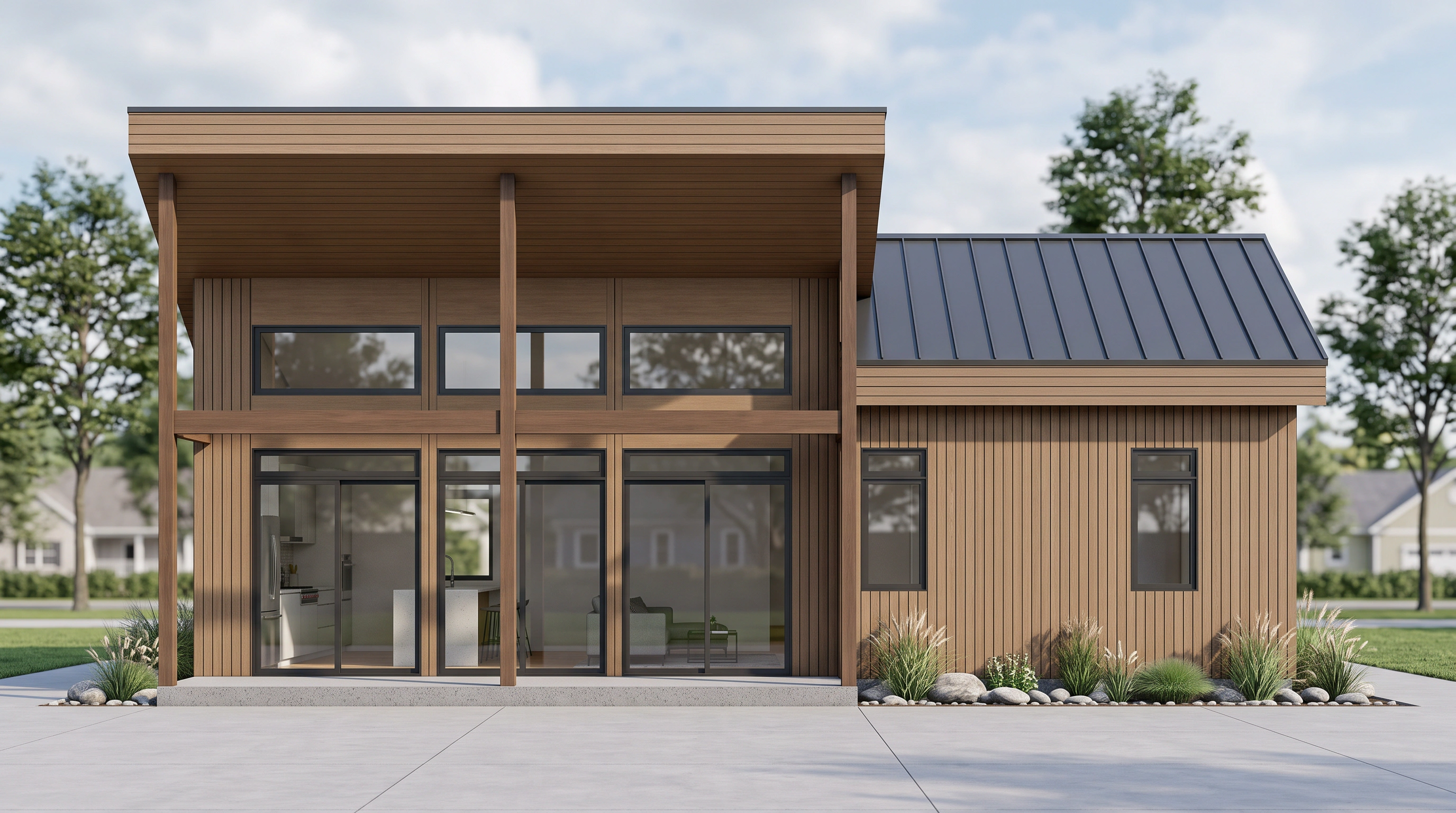 Timber pavilion visual in a suburban setting during the day