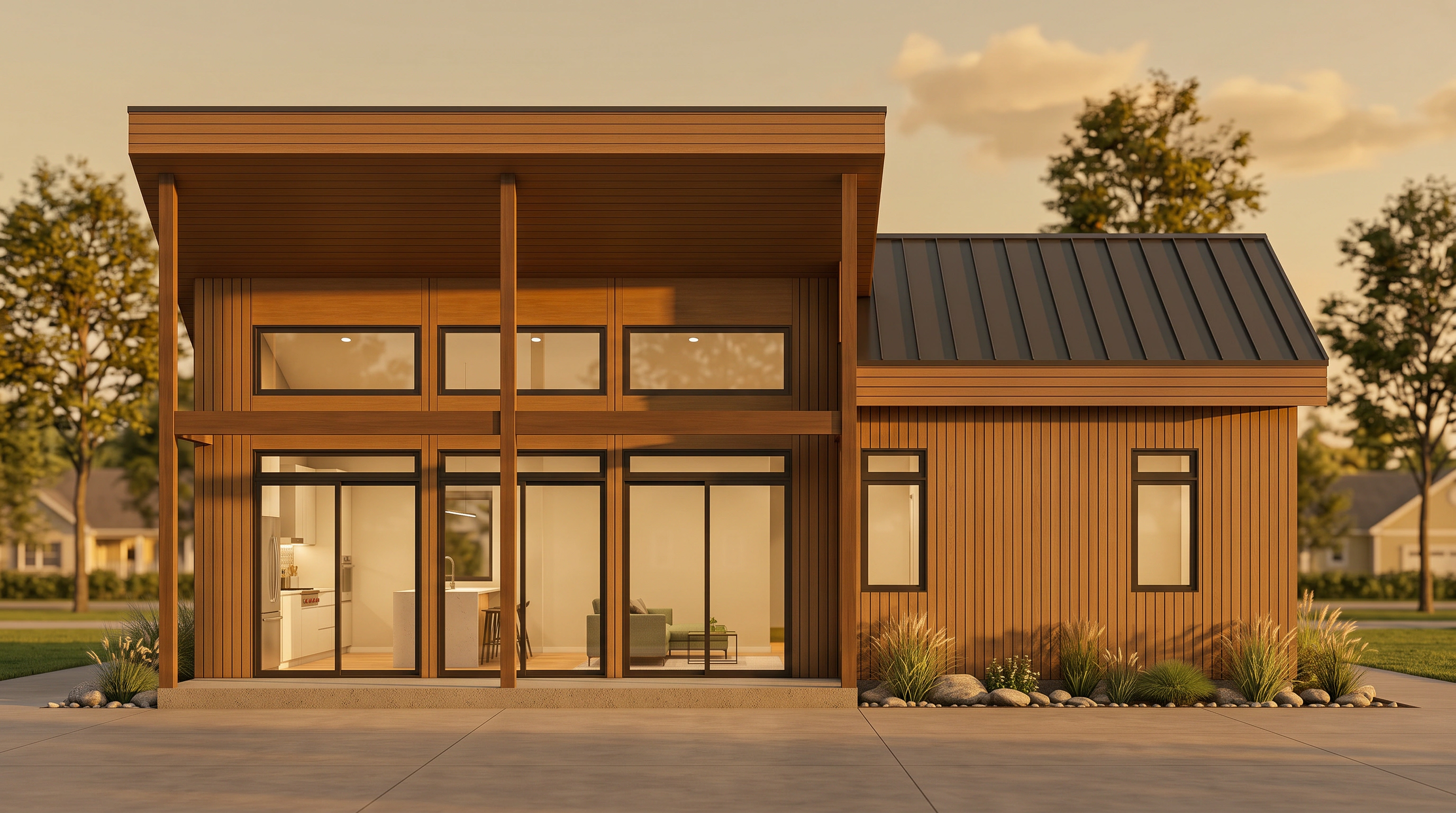 The same timber pavilion visual at golden hour