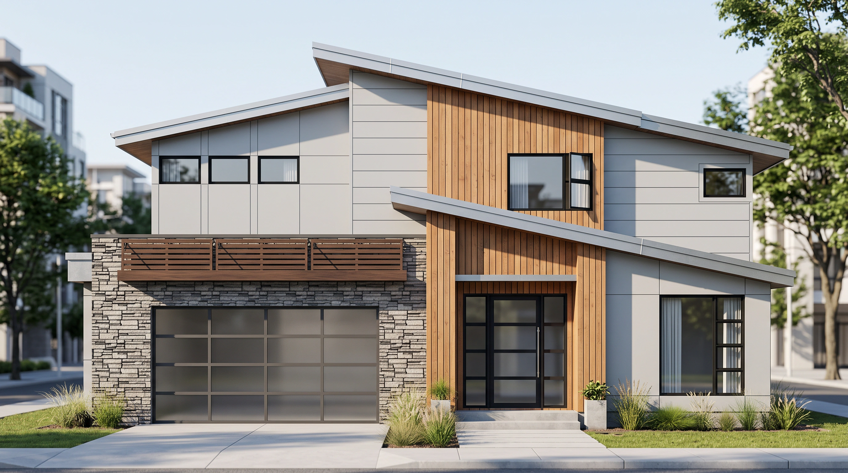Two-storey residential elevation rendered in a suburban daylight setting