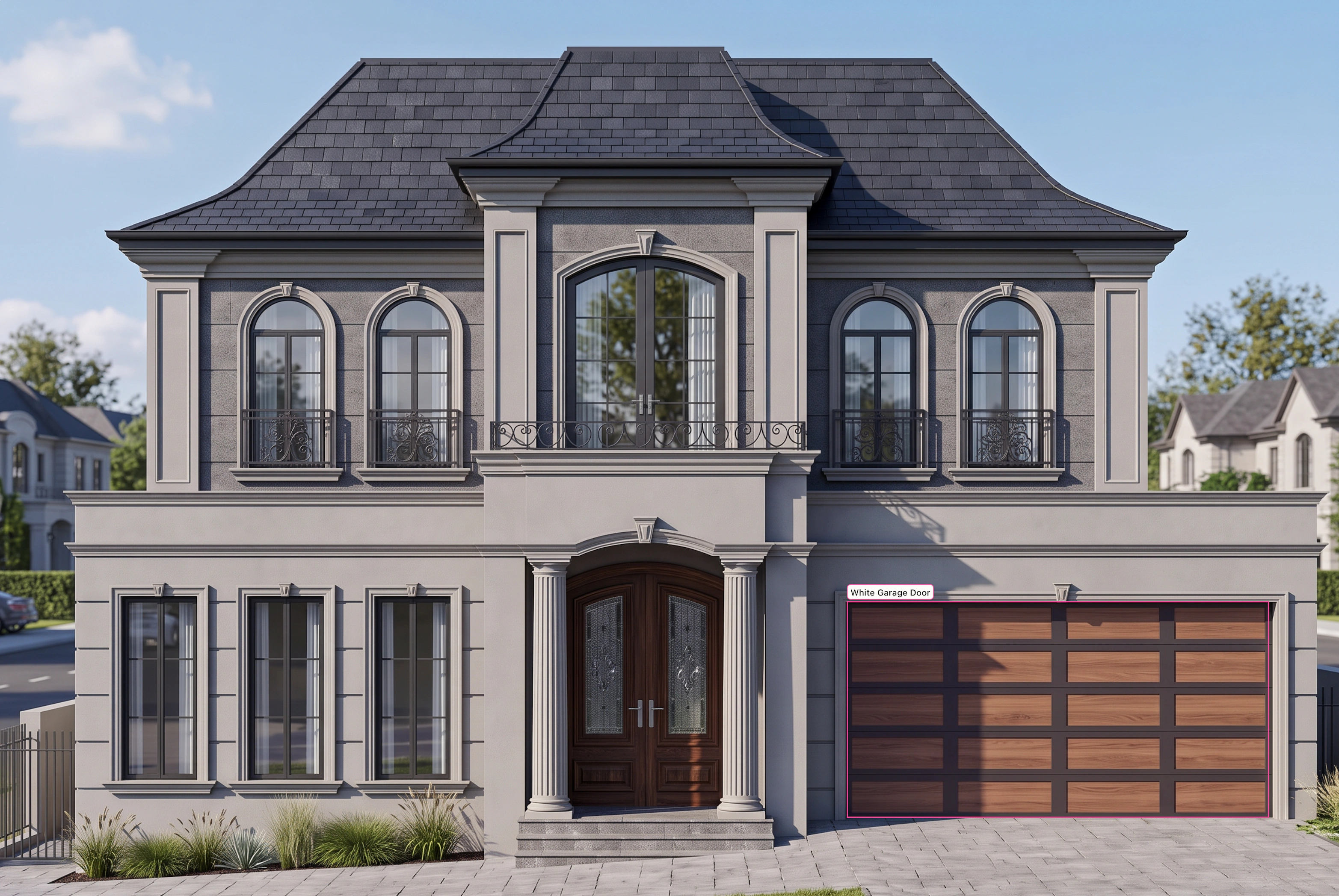 A garage door selected with an annotation asking for a white finish