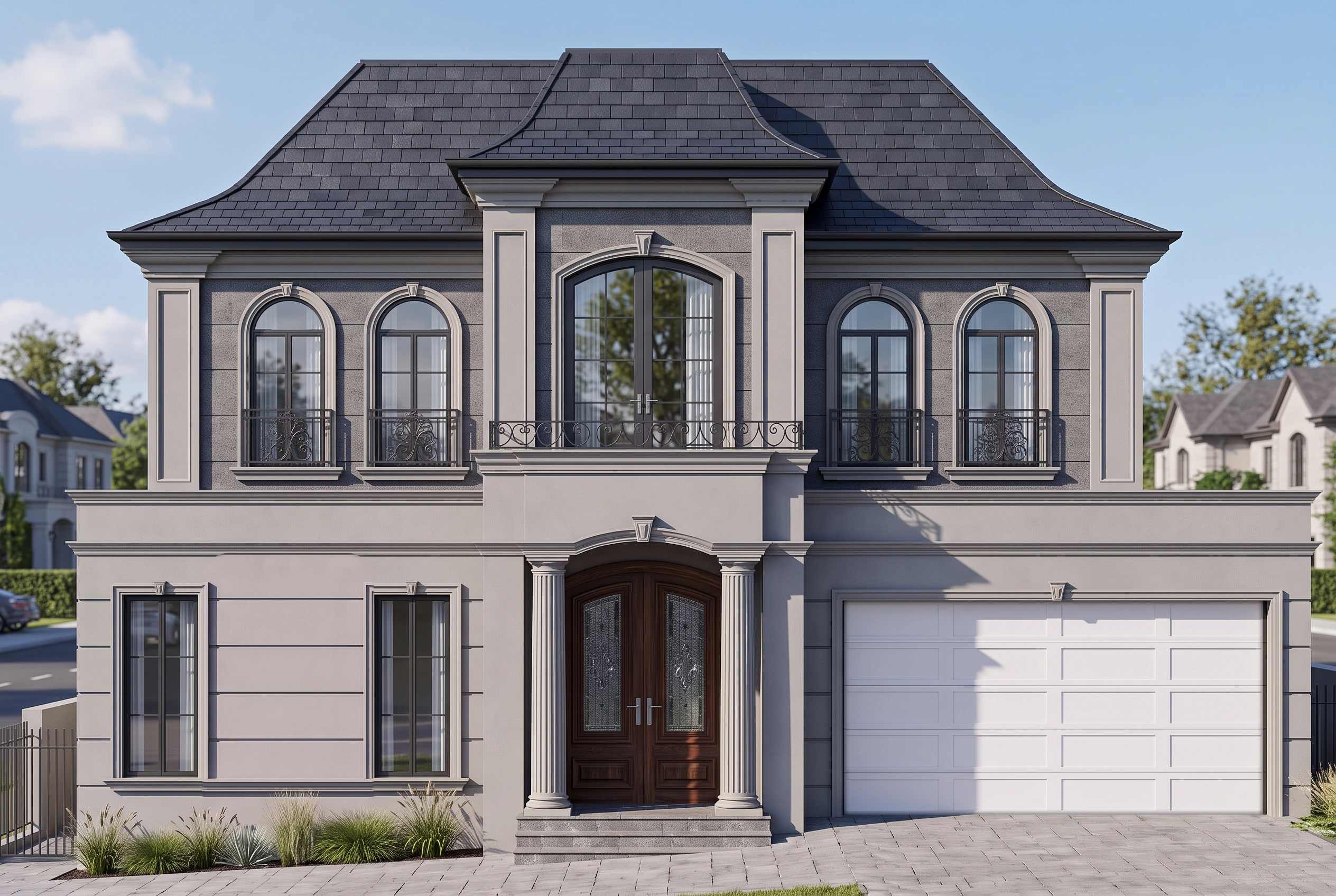 Revised French Provincial facade with a selected window removed and garage recoloured