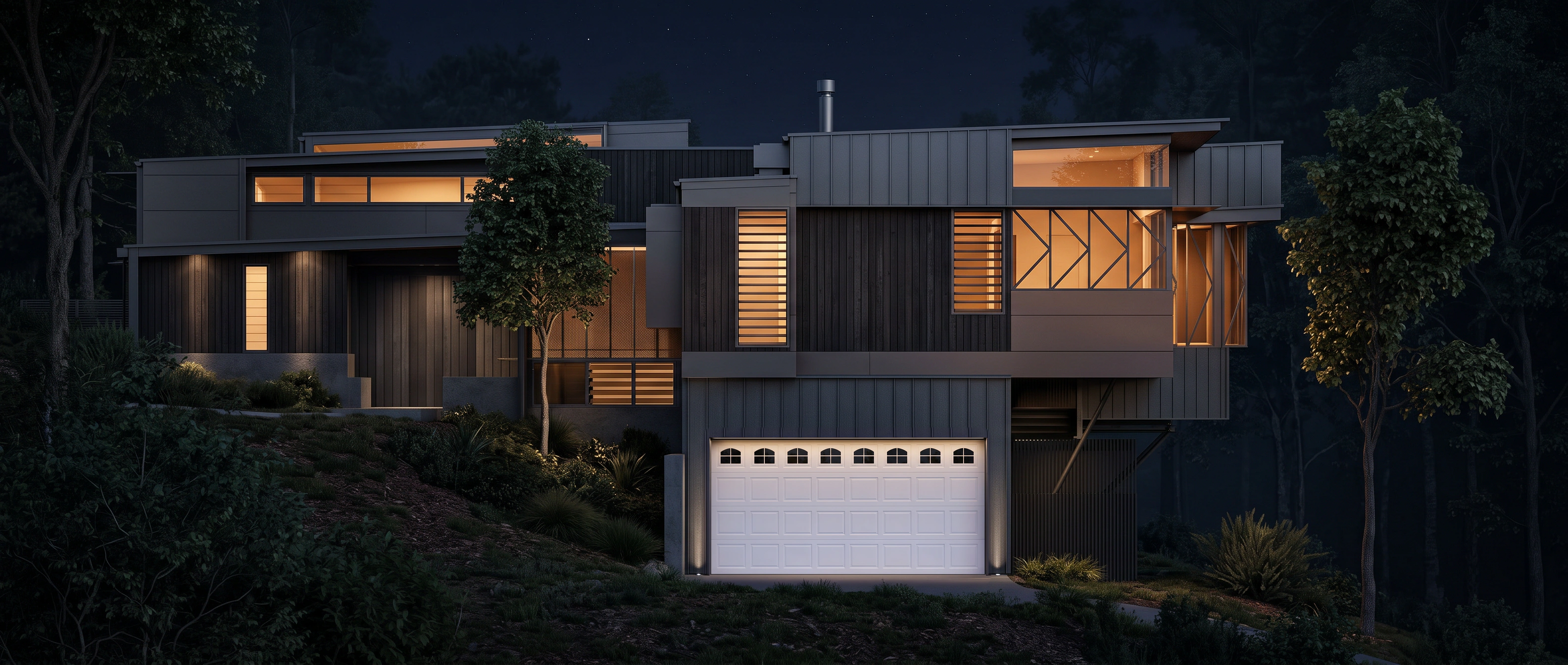 Night-time residence visual with a garage door replaced using a reference image