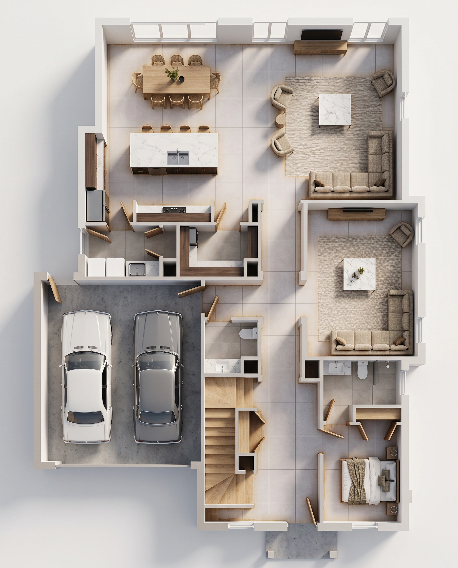 Revised three-dimensional floor plan with new wooden flooring